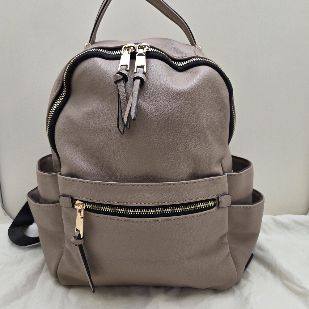 Convertible Backpack Purse • Taupe & Black • Multi‑Pocket Travel / Mom Bag
